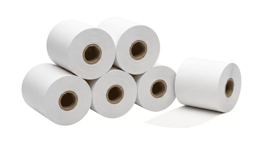 Six blank white thermal paper rolls.