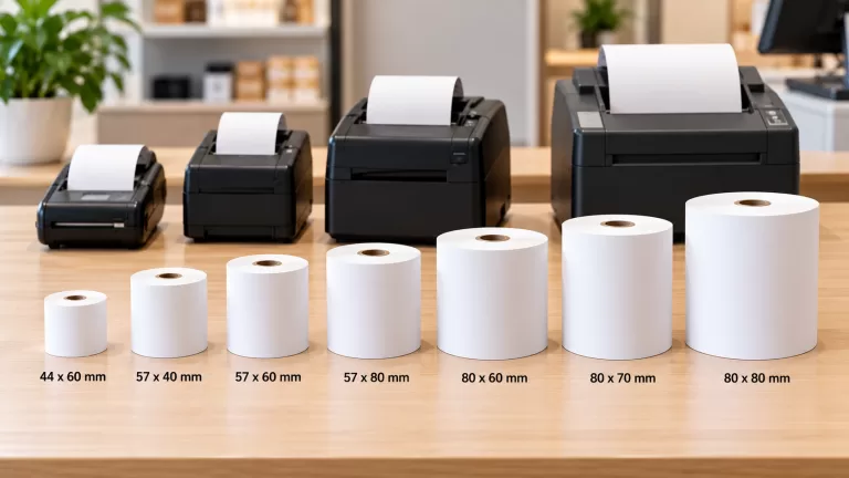 Different thermal paper roll sizes in Malaysia arranged from small to large with compatible receipt printers