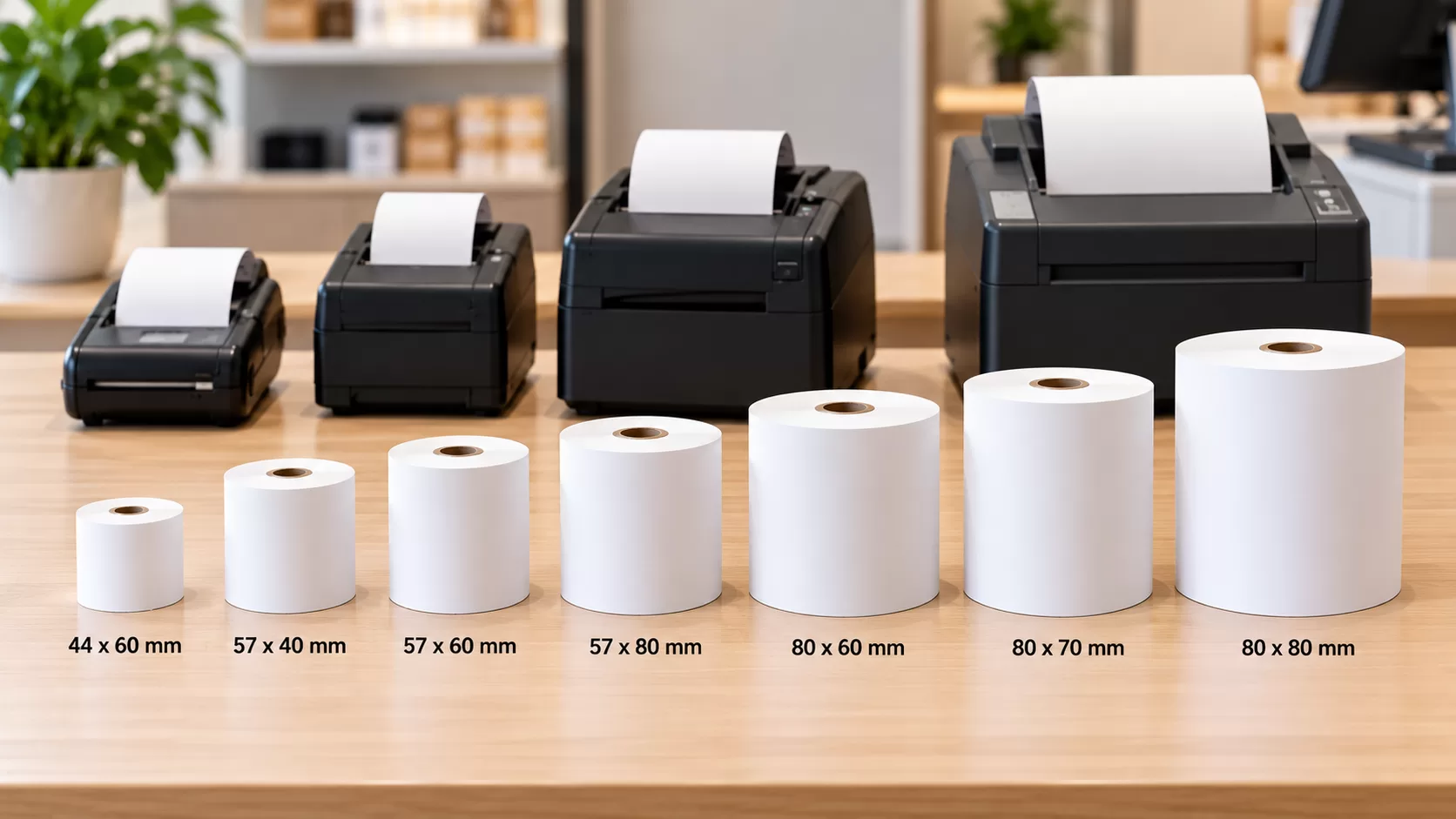 Different thermal paper roll sizes in Malaysia arranged from small to large with compatible receipt printers